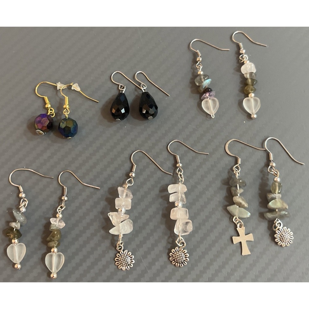 Vintage Lot of 6 Dangle Drop Earrings Beads Gemstone Cross Multi-Colored